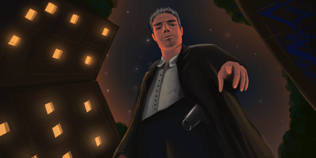 A grizzled man in smart clothes and a gun stands over you.  He looks like a mafioso.